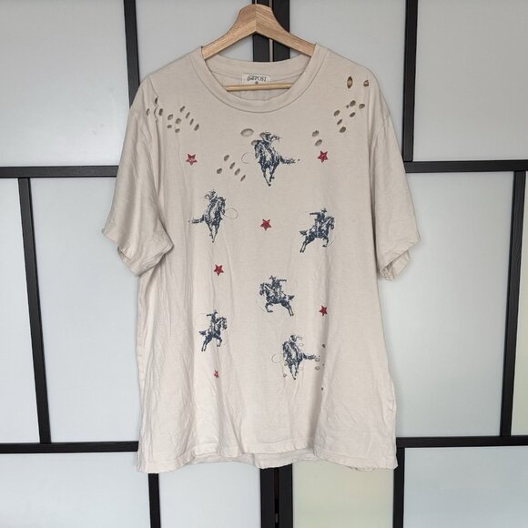 The Post Women’s Distressed Tee Cowboy Rodeo Size SMALL/MED Top USA boho Western - Picture 3 of 13